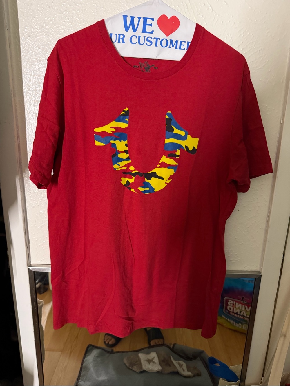 True Religion Red Short Sleeve Tee with Yellow & Blue Camo Horseshoe